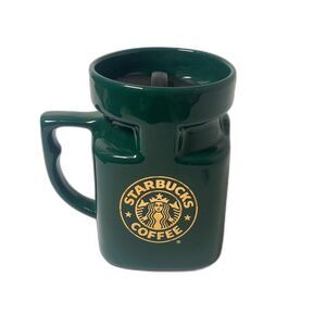 VINTAGE Starbucks Green Coffee Mug Travel Cup Lid Ceramic Gold Logo Anti Slip